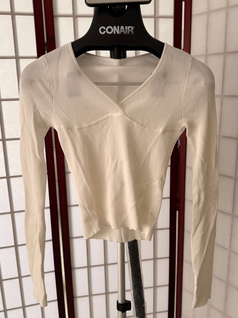 Lamarque Cream Ribbed V-Neck Long Sleeve Top